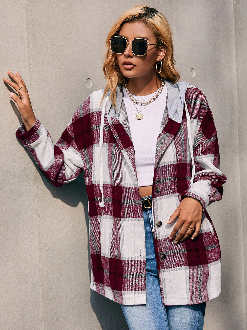 Buy burgundy Ivy Lane Plaid Dropped Shoulder Hooded Jacket