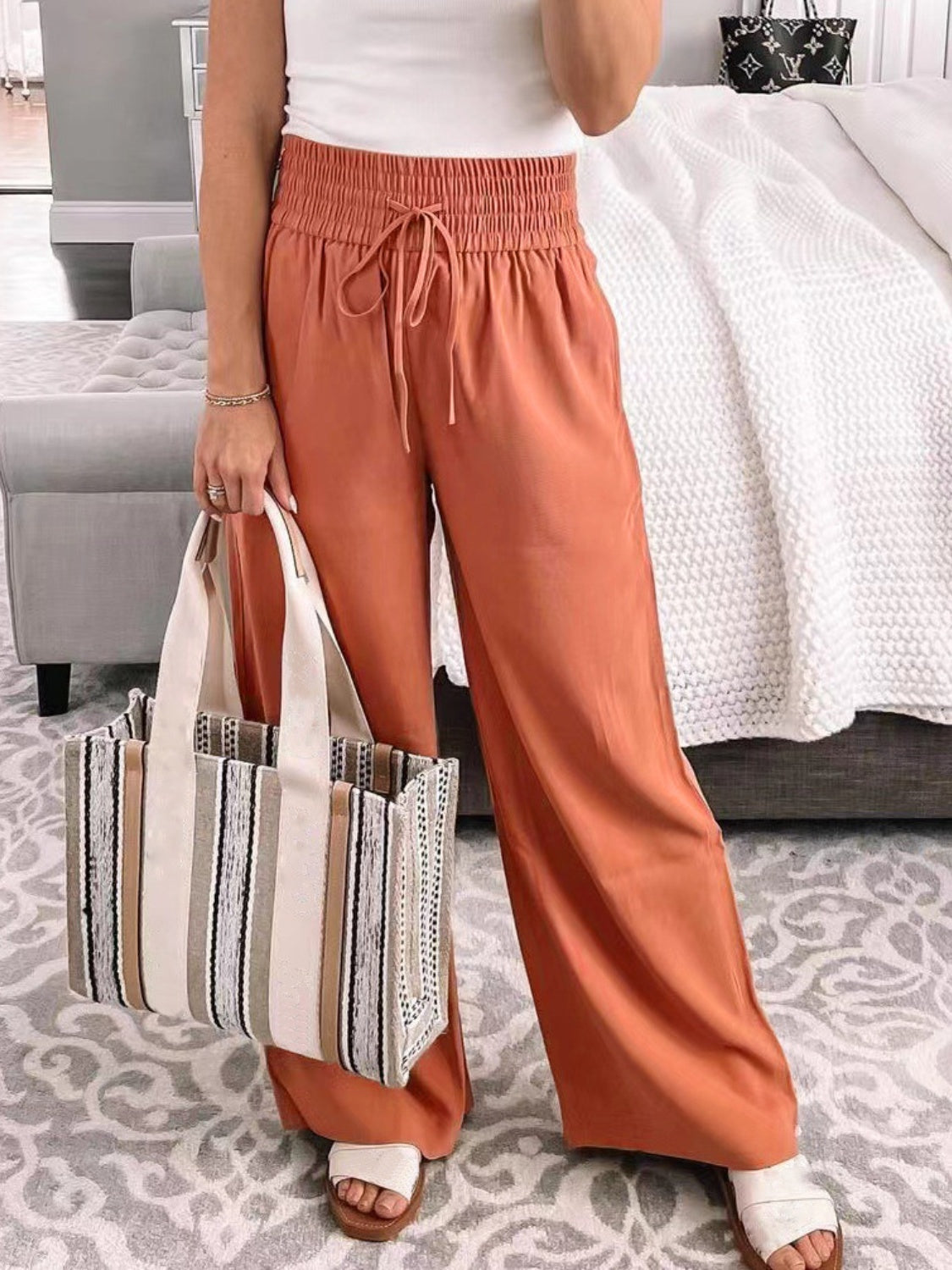 Buy orange-red Full Size Drawstring High Waist Wide Leg Pants