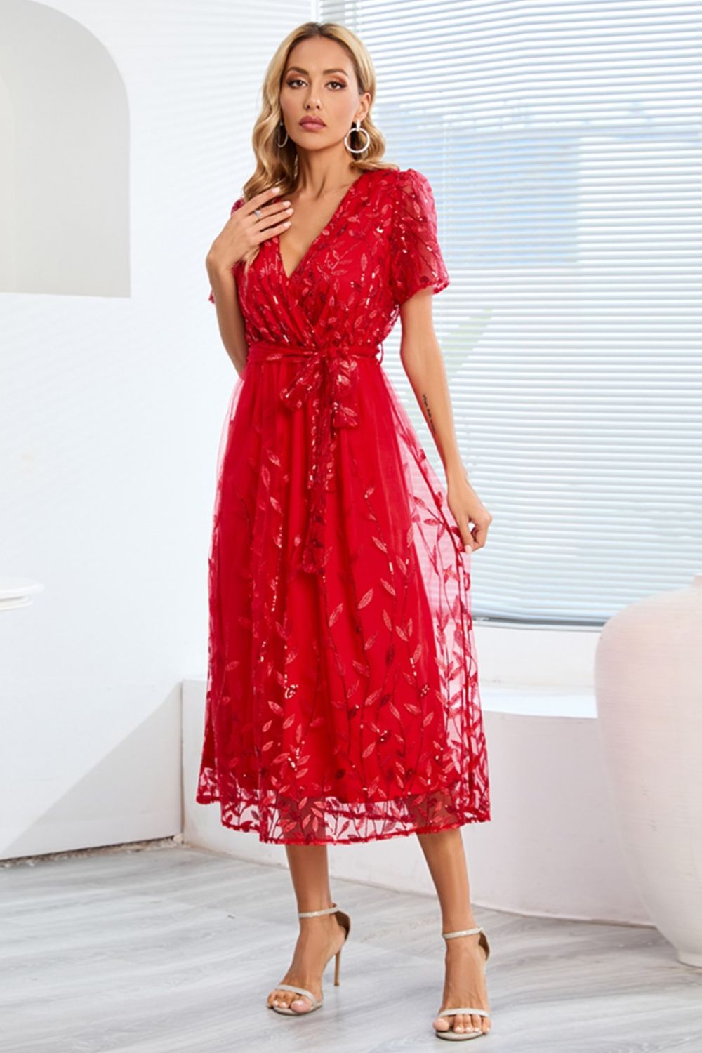 Sequin Leaf Embroidery Tie Front Short Sleeve Dress