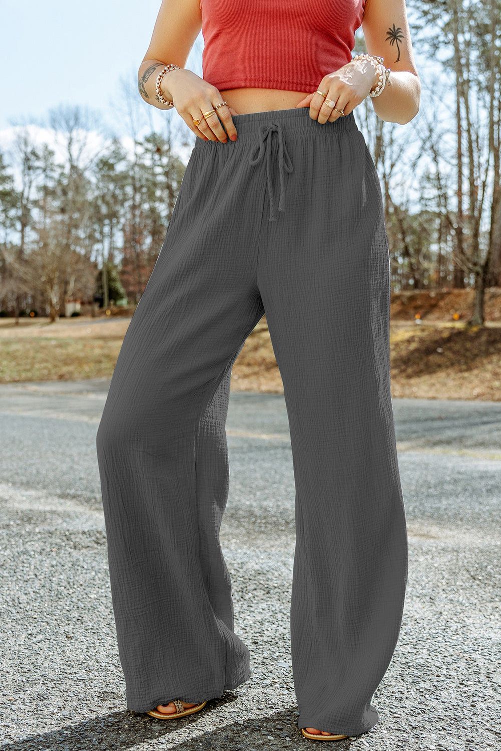 Buy charcoal Texture Tied Wide Leg Pants