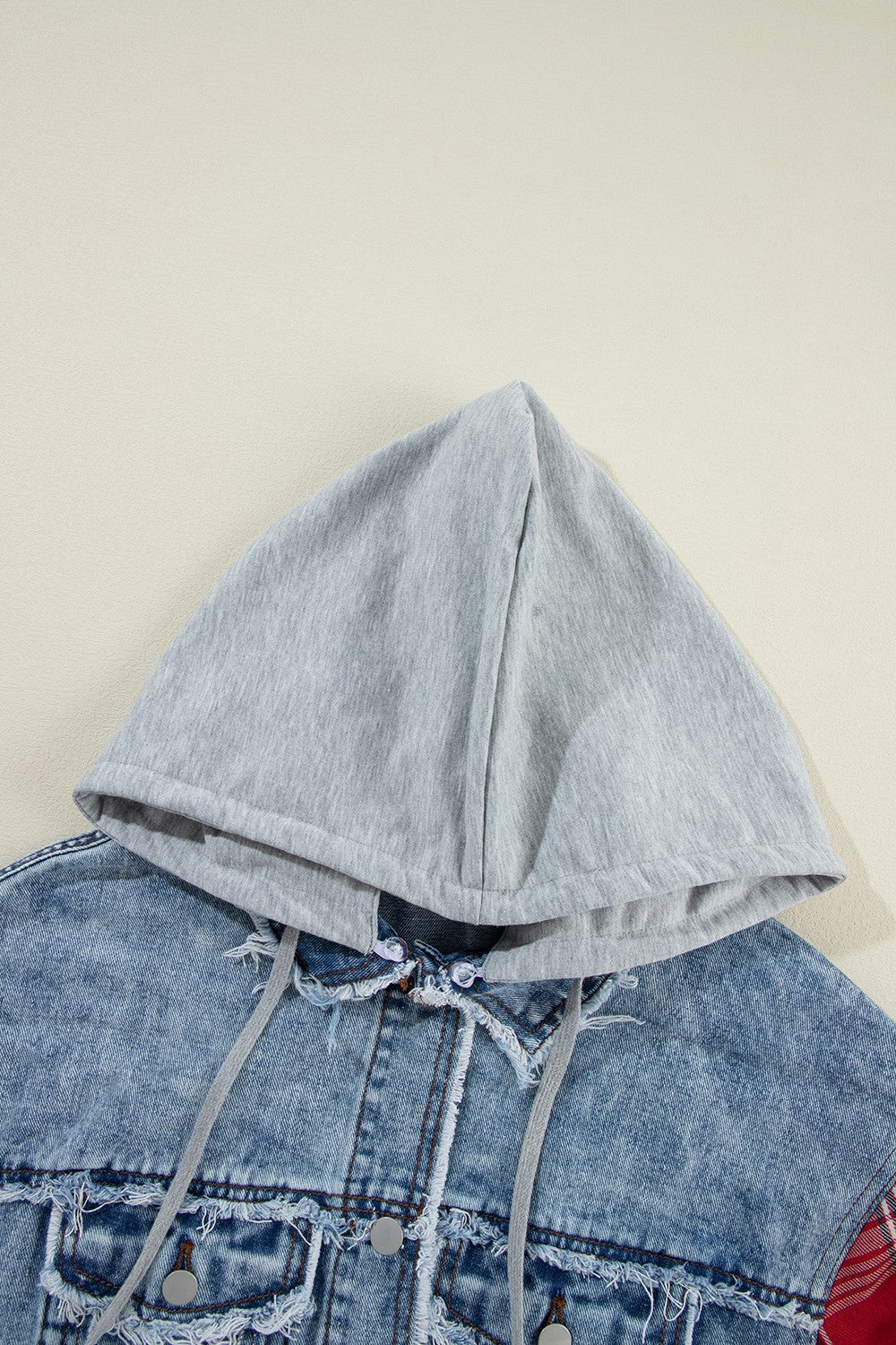 Raw Hem Drawstring Plaid Denim Jacket