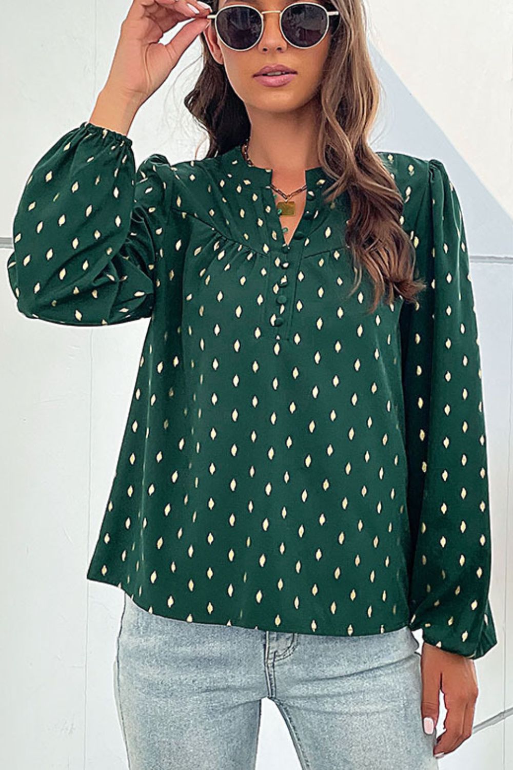 Perfee Printed Buttoned Puff Sleeve Blouse