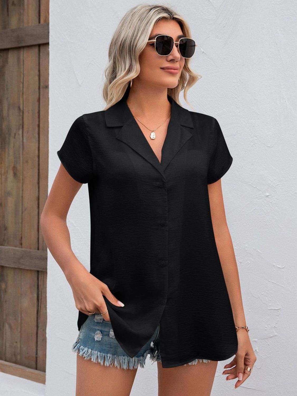 Buy black Button Up Collared Neck Short Sleeve Shirt