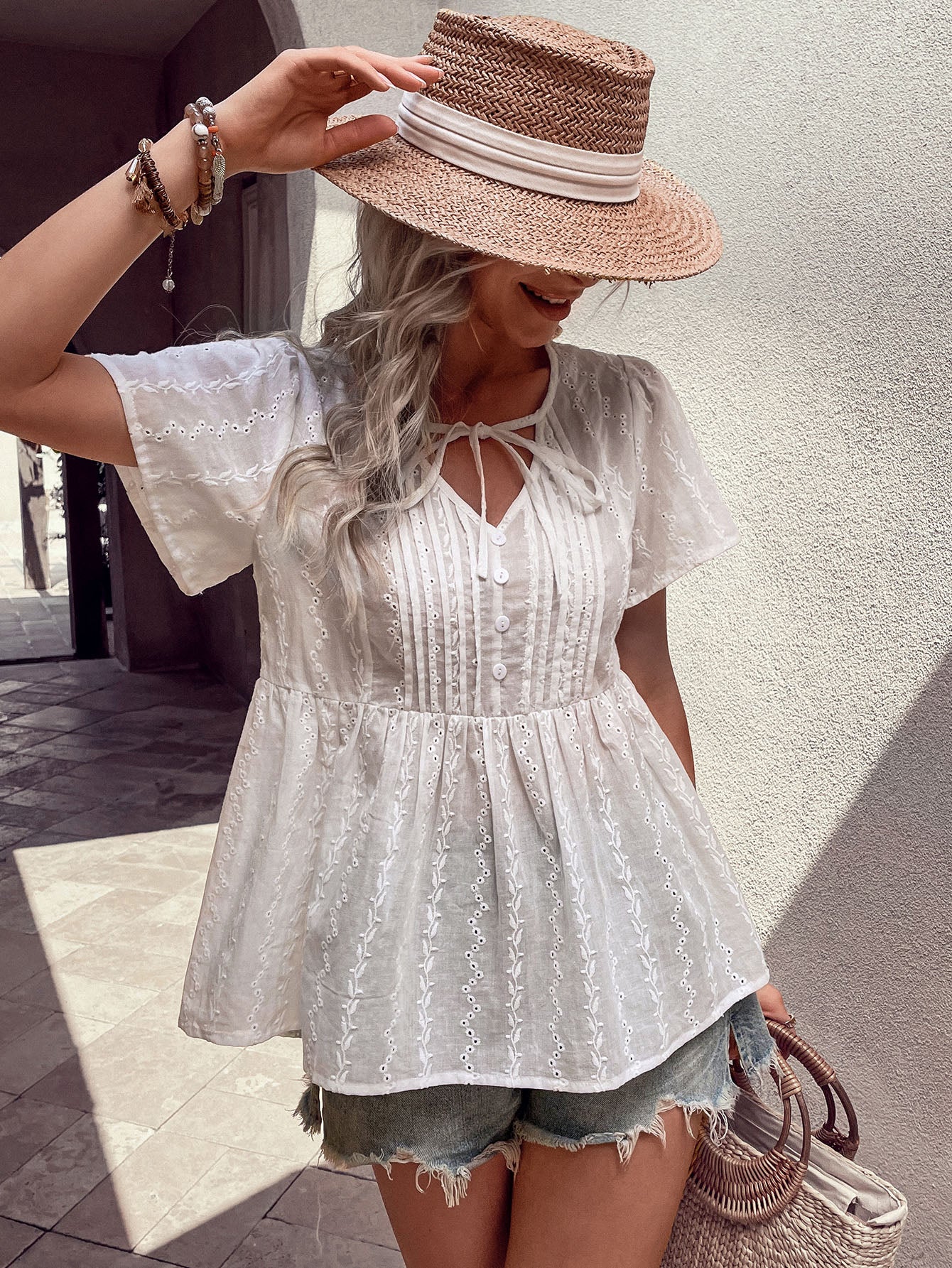 Perfee Tied Decorative Buttons Short Puff Sleeve Blouse