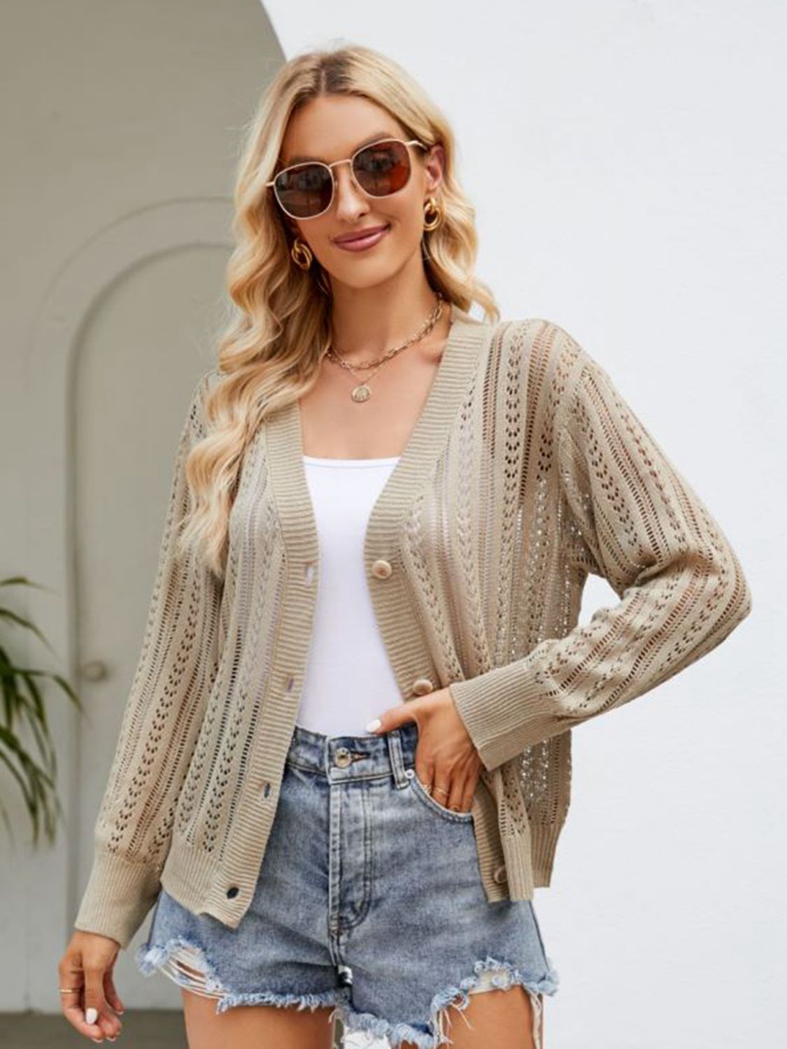 Buy khaki Button Down Ribbed Trim Cardigan