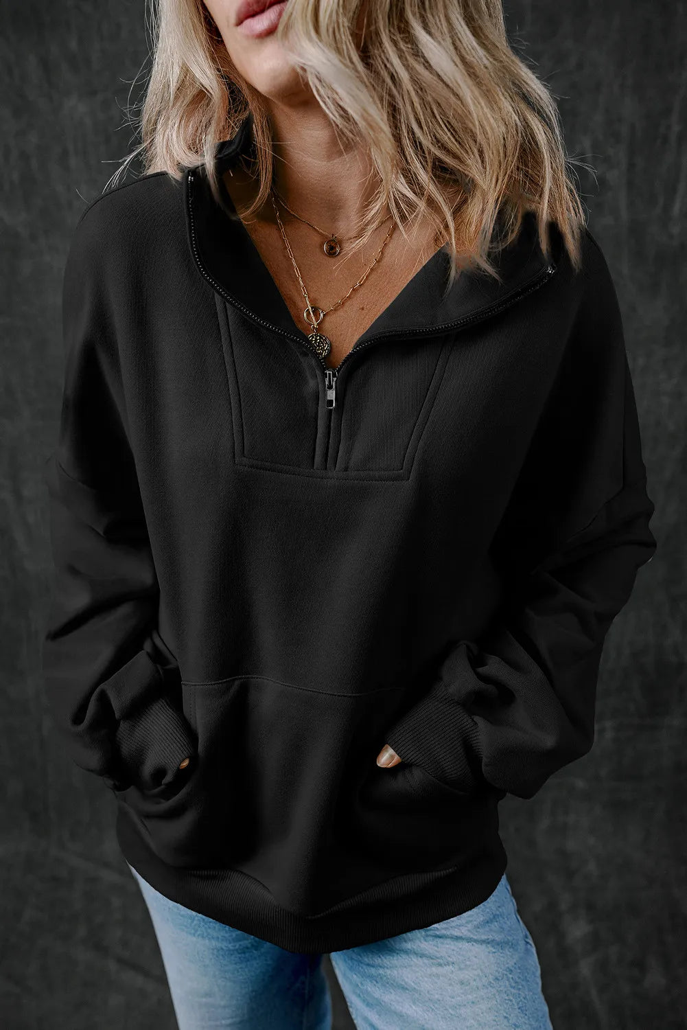 Buy black Half Zip Long Sleeve Sweatshirt