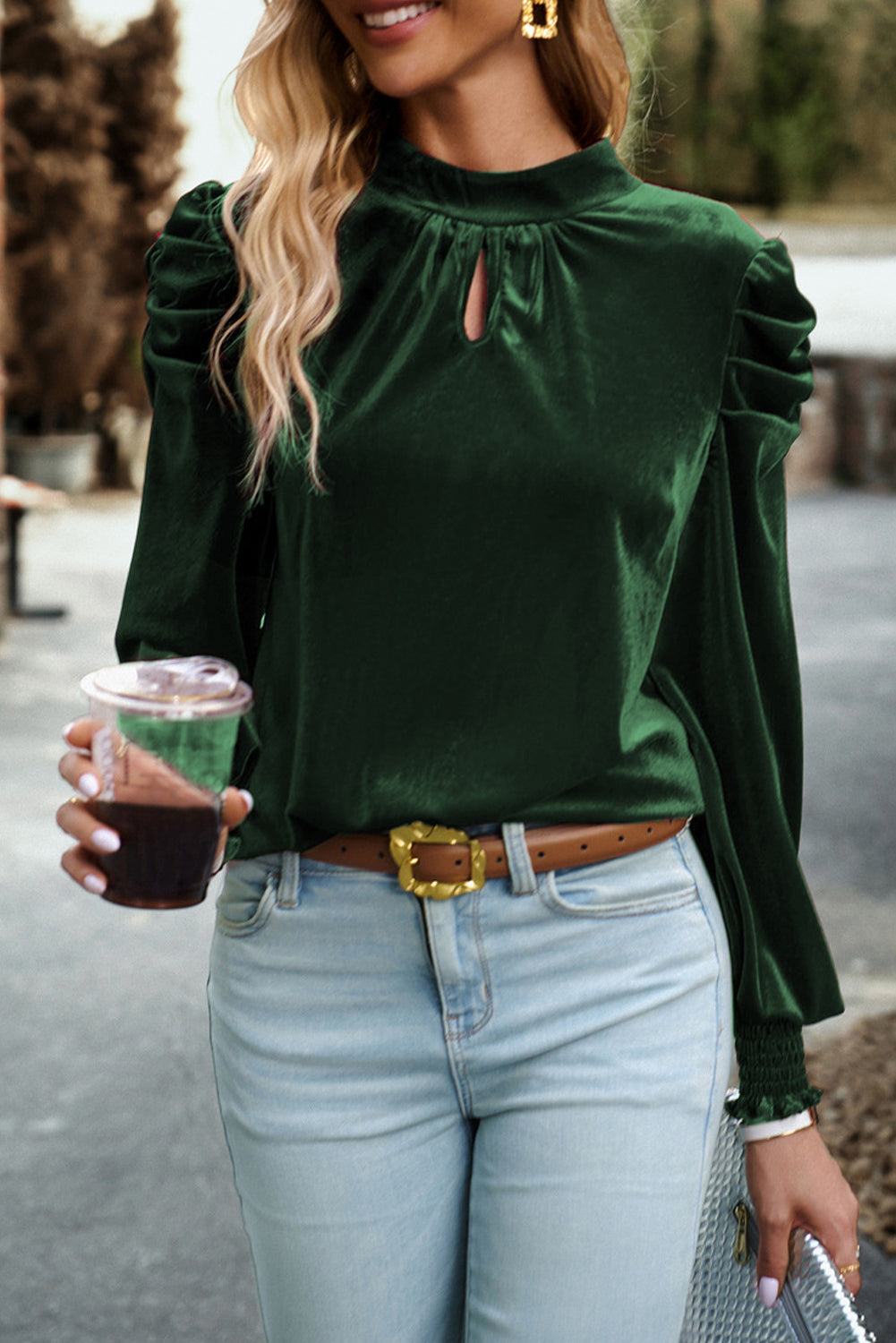 Buy dark-green Tie Up Mock Neck Velvet Fabric Long Sleeve Blouse