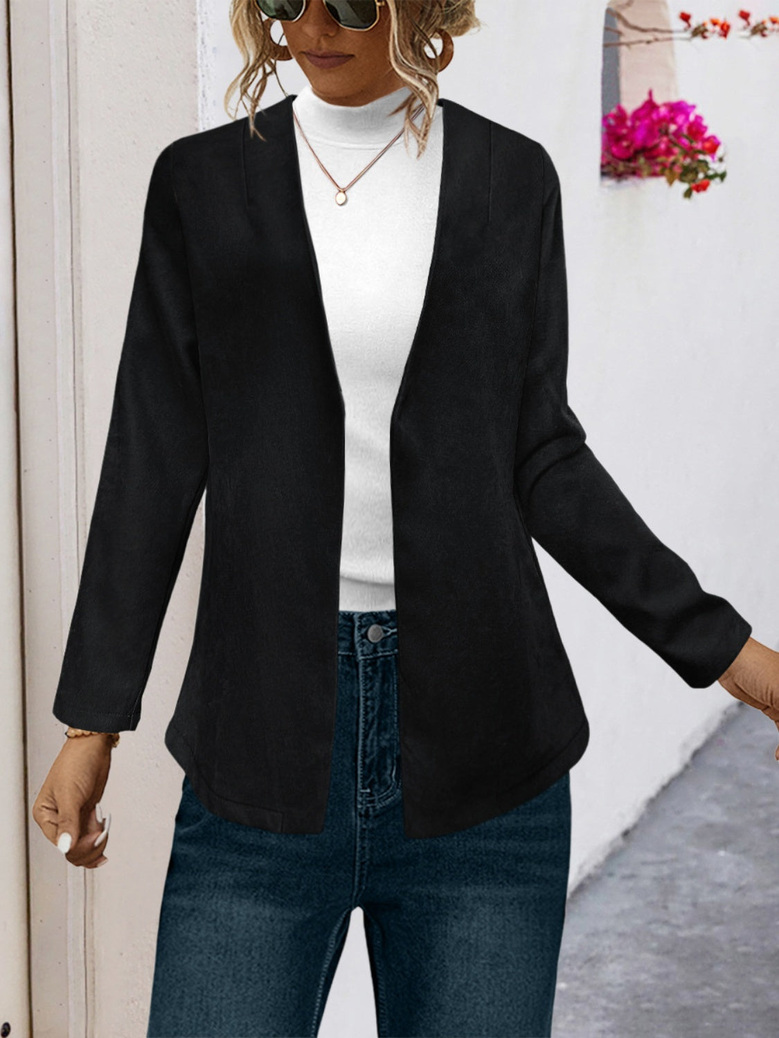 Buy black Open Front Long Sleeve Cardigan