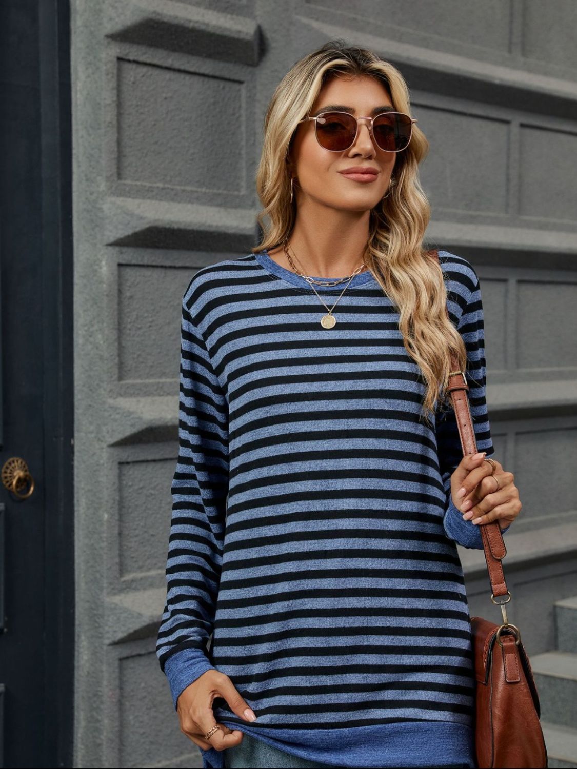 Buy peacock-blue Striped Round Neck Long Sleeve T-Shirt