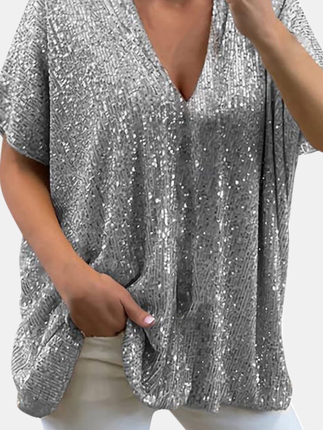 Buy silver Full Size Sequin V-Neck Short Sleeve Top