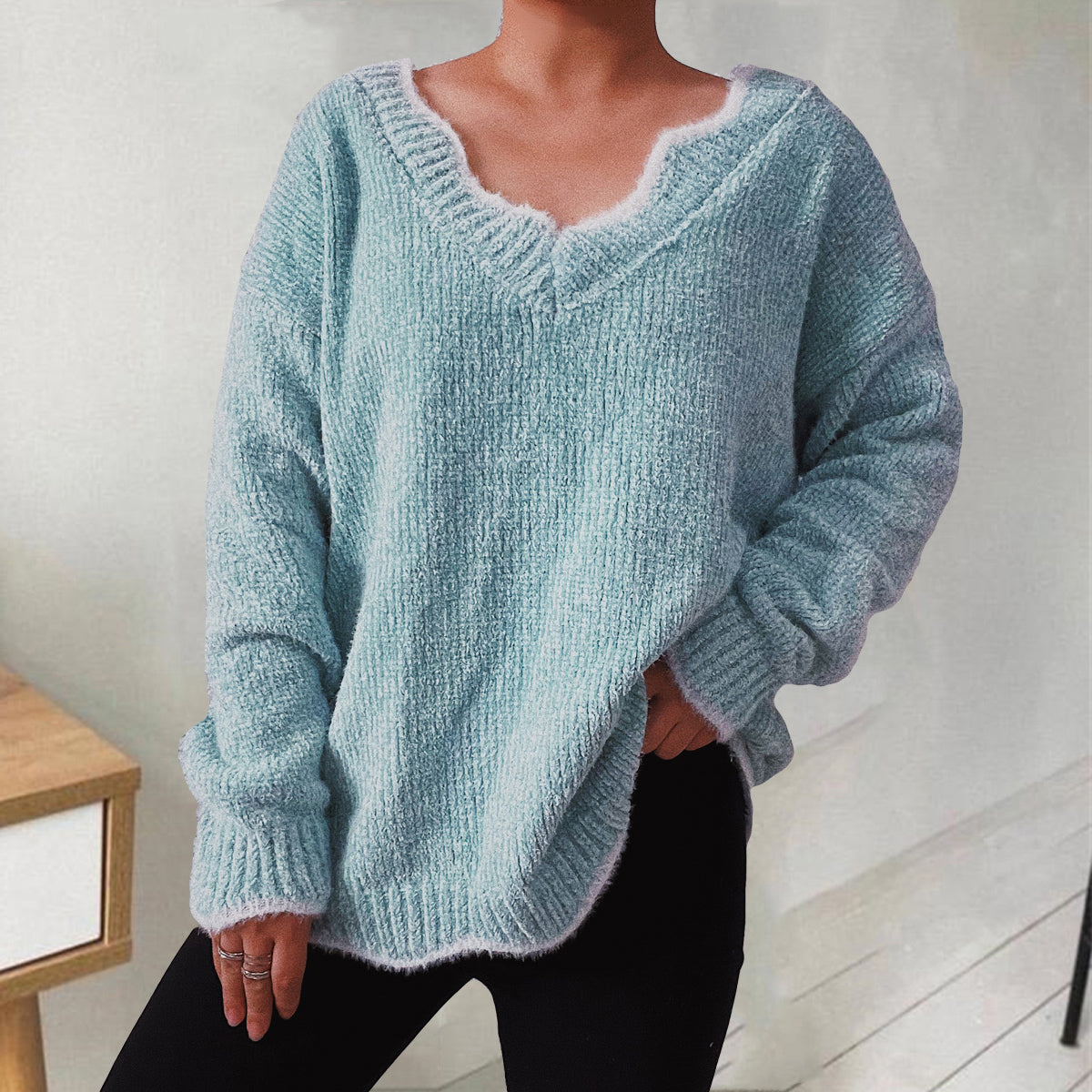 Buy teal V-Neck Drop Shoulder Long Sleeve Sweater