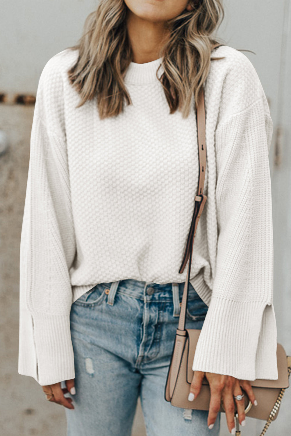 Buy white Textured Round Neck Long Sleeve Sweater