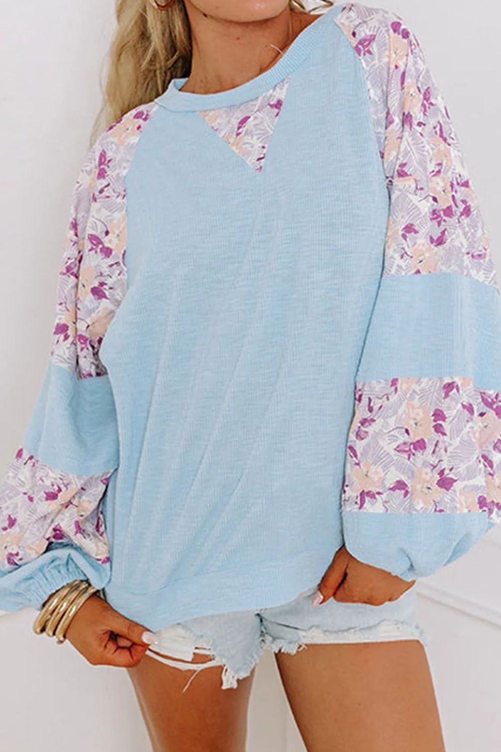 Buy light-blue Printed Round Neck Balloon Sleeve Blouse