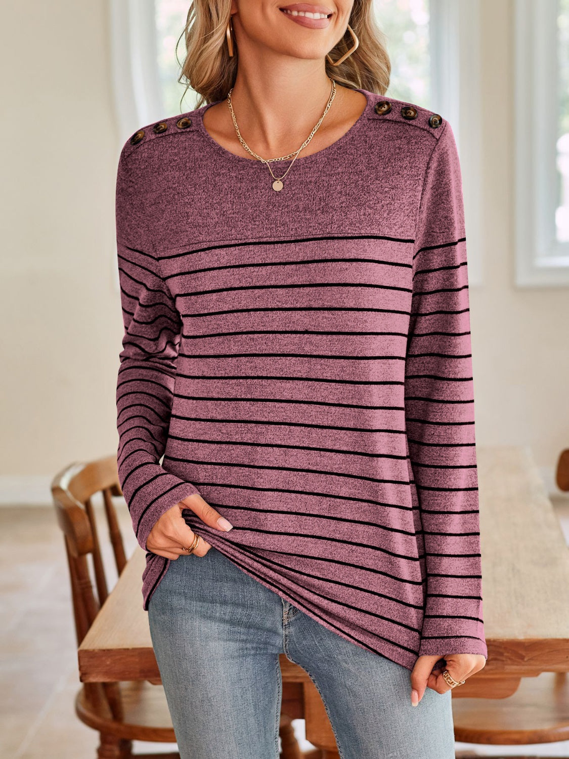 Buy moonlit-mauve Lovelet Striped Round Neck Long Sleeve T-Shirt