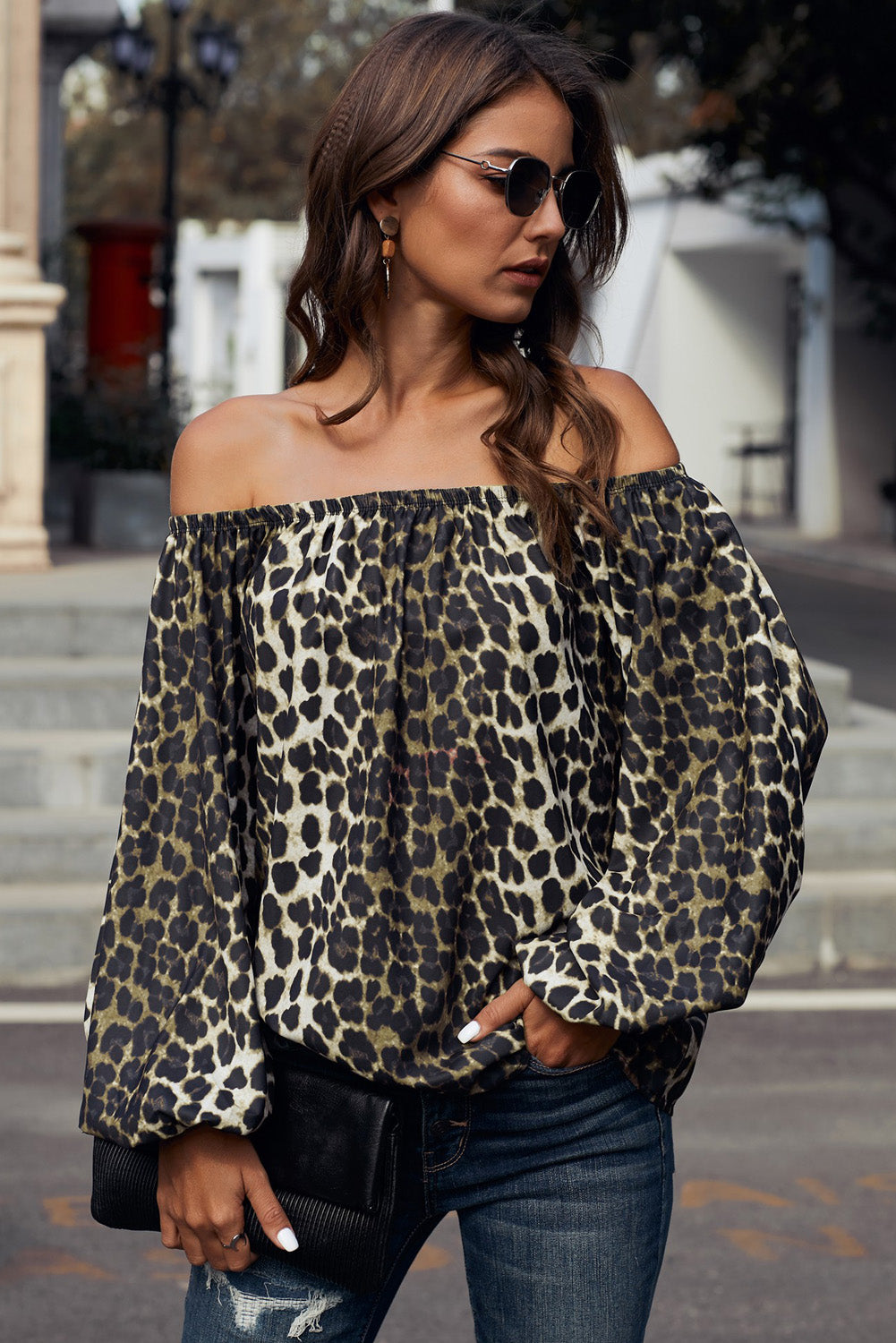 Buy leopard Off-Shoulder Balloon Sleeve Top