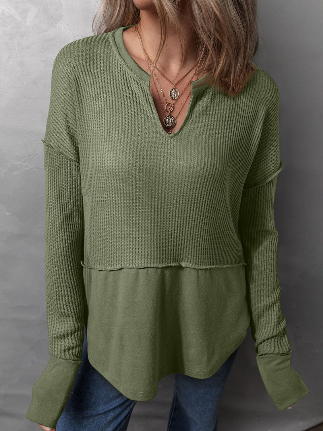 Buy moss Waffle-Knit Notched Long Sleeve T-Shirt