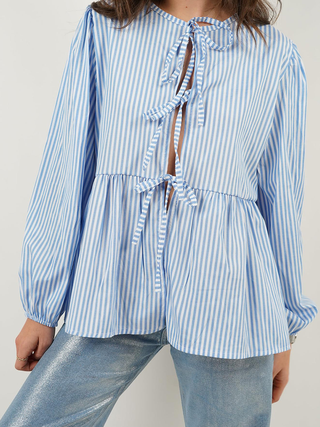 Buy stripe Tied Round Neck Long Sleeve Blouse