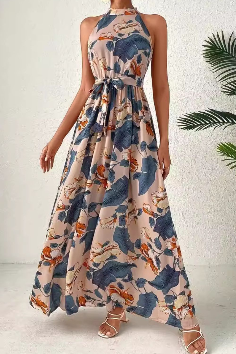 Buy dusty-blue Tied Floral Sleeveless Dress