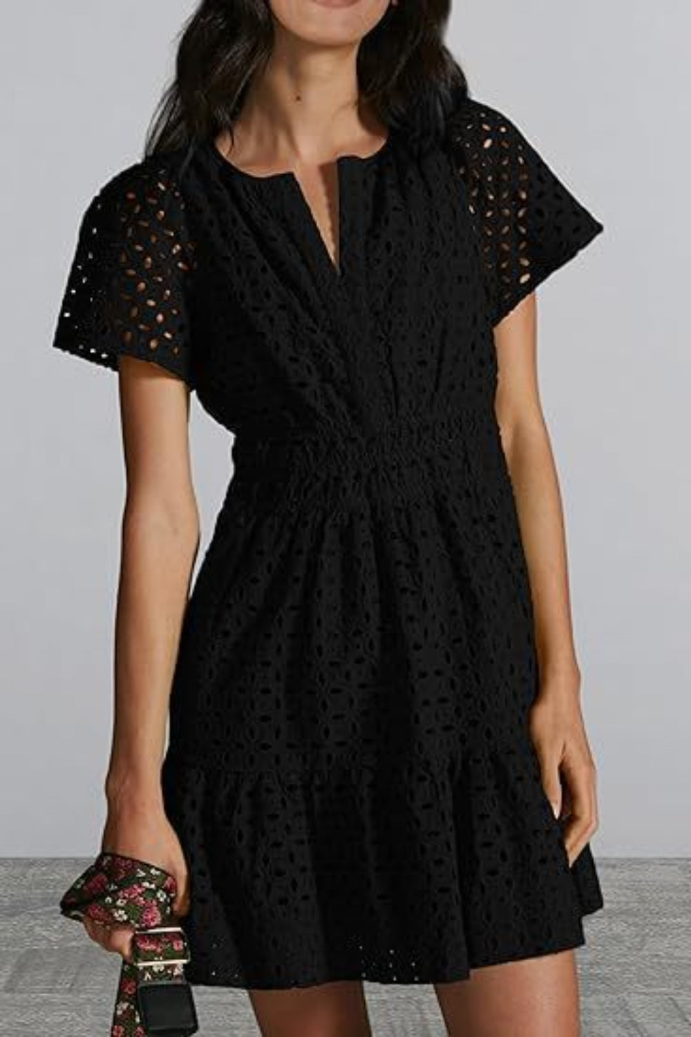 Buy black Eyelet Notched Short Sleeve Mini Dress