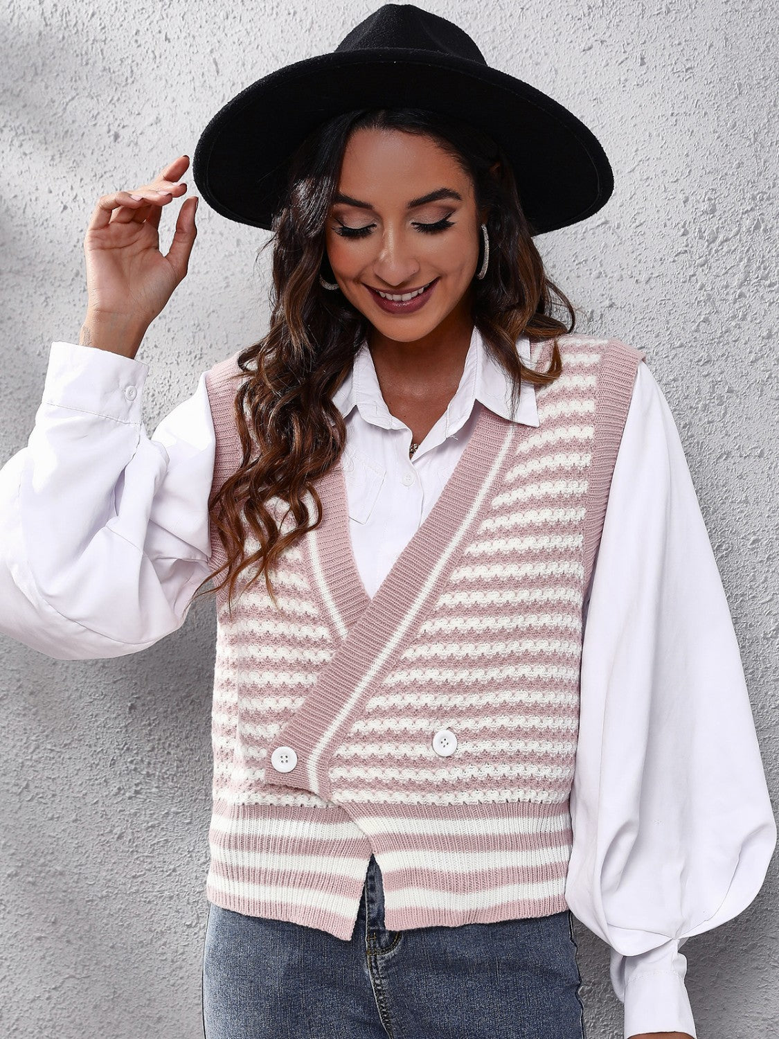 Buy dusty-pink Striped Button Up V-Neck Sweater Vest