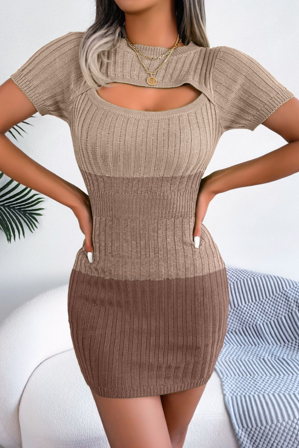 Buy khaki Color Block Cutout Short Sleeve Sweater Dress