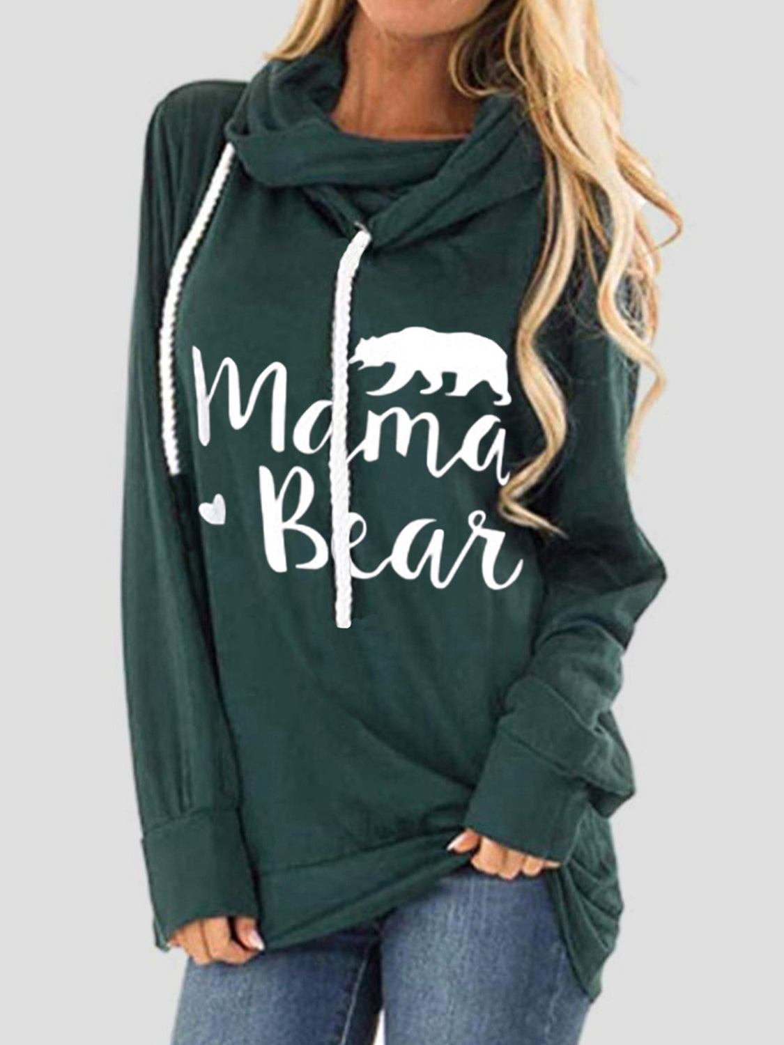 Buy dark-green Drawstring Letter Graphic Long Sleeve Hoodie