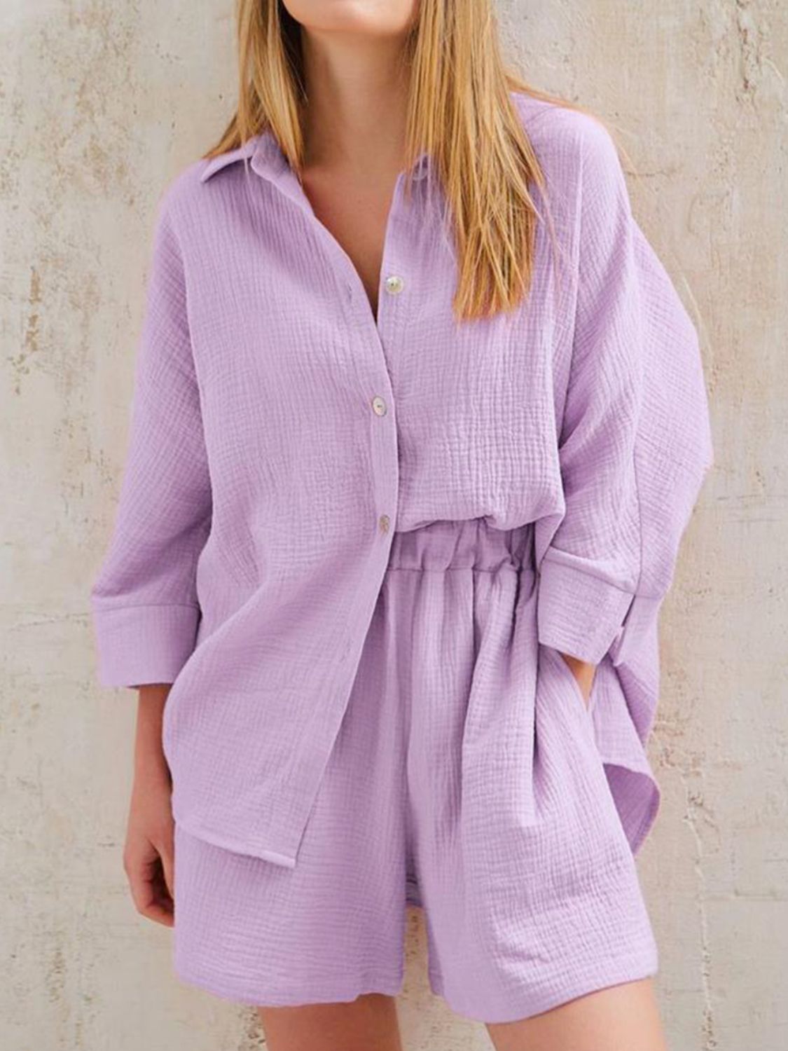 Buy lavender Texture Button Up Shirt and Shorts Set