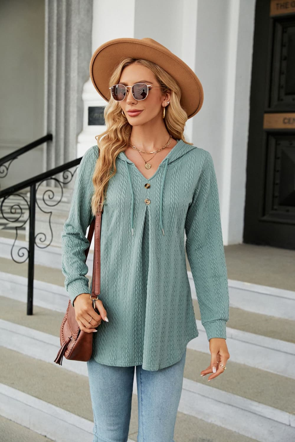 Buy sage Long Sleeve Hooded Blouse