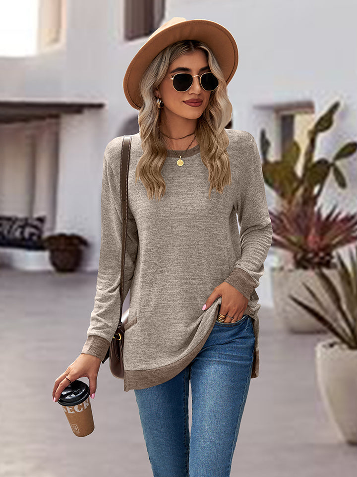 Buy heather-gray Round Neck Long Sleeve Blouse