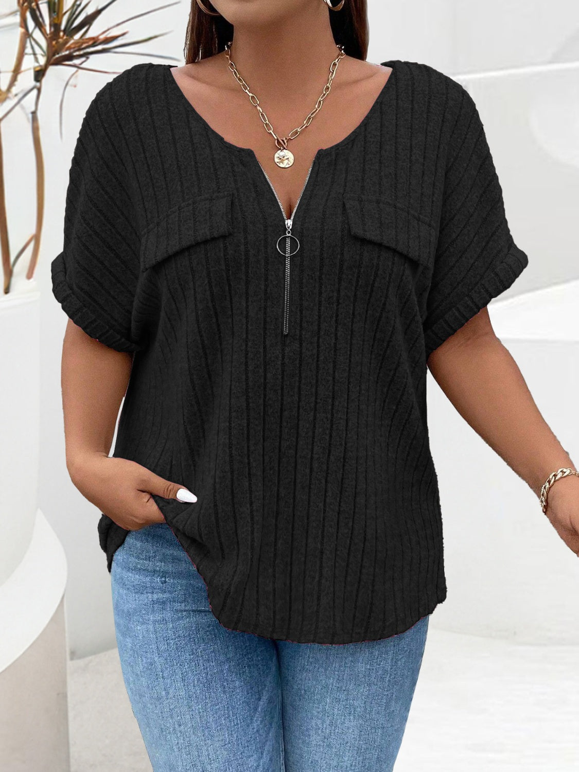 Buy black Plus Size Half Zip Short Sleeve T-Shirt