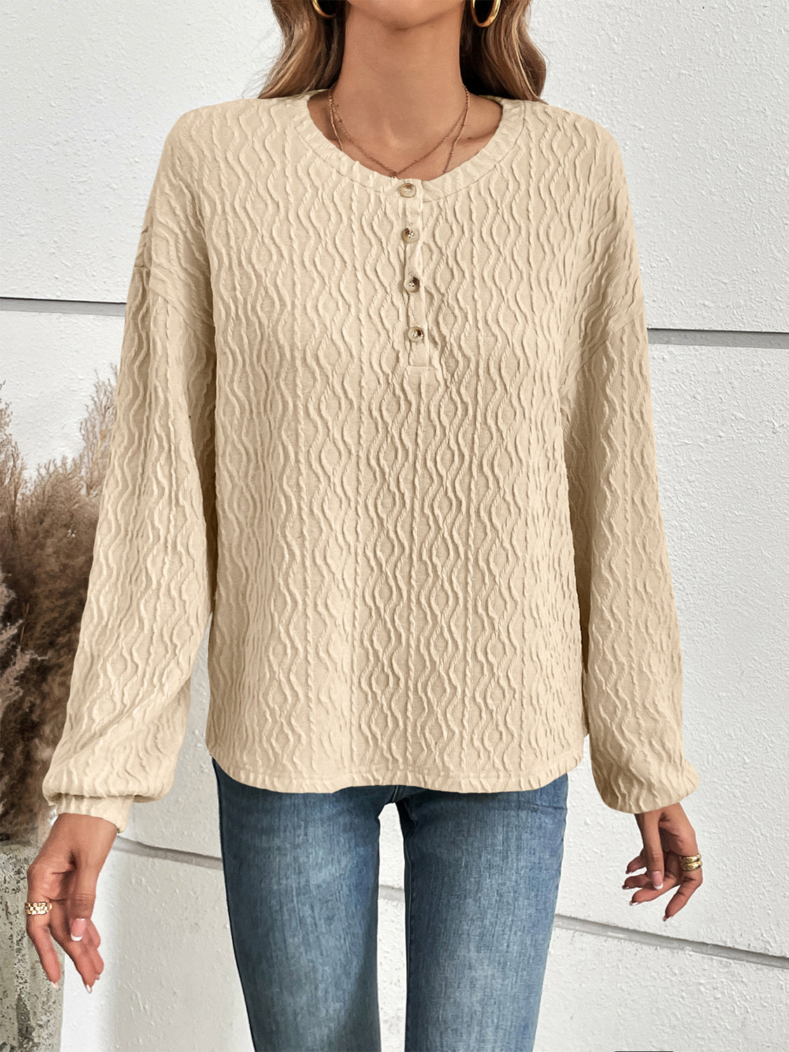 Buy ivory Ivy Lane Half Button Long Sleeve Top