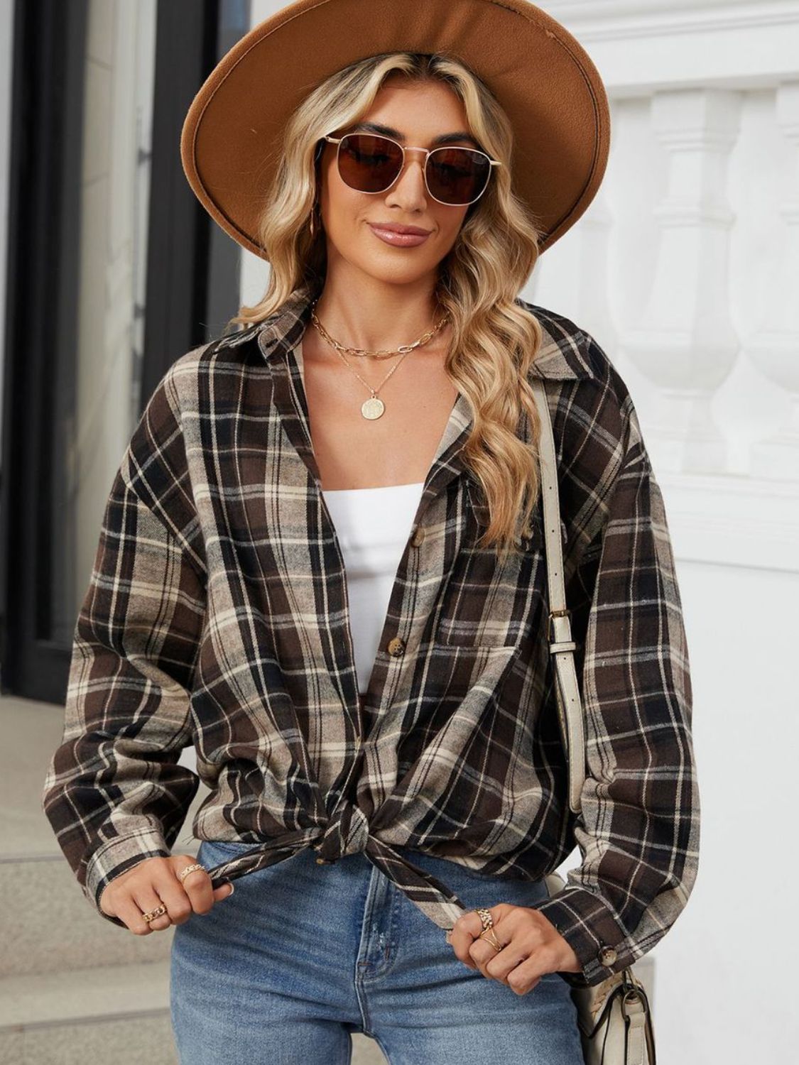 Buy coffee-brown Plaid Collared Neck Long Sleeve Shirt