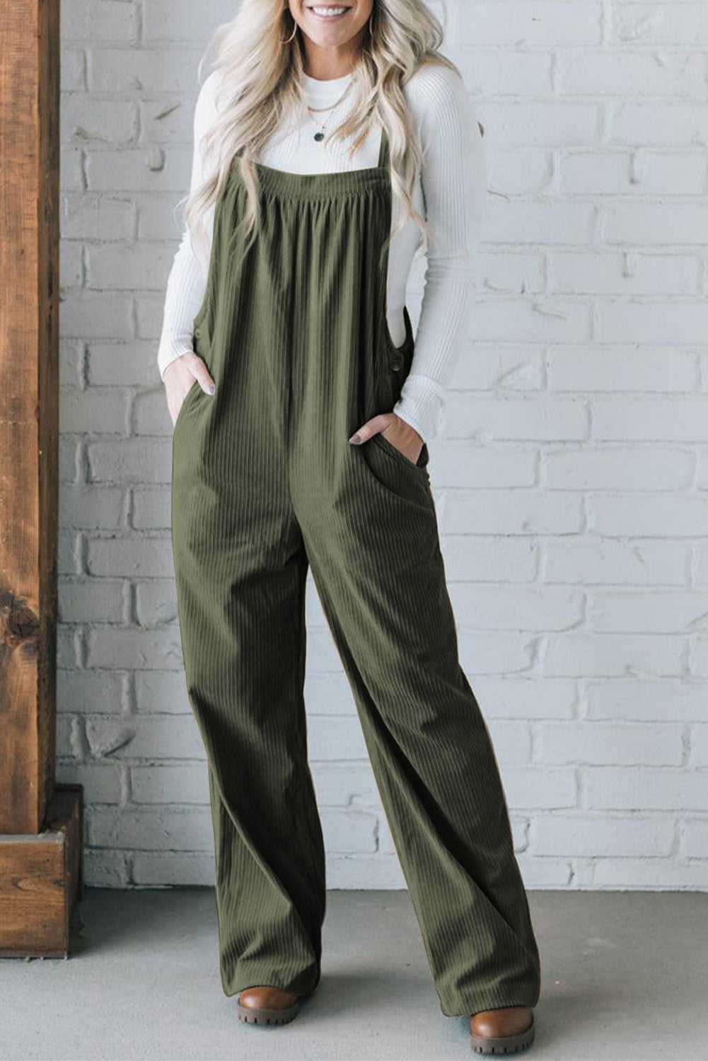 Buy army-green Square Neck Wide Strap Overalls