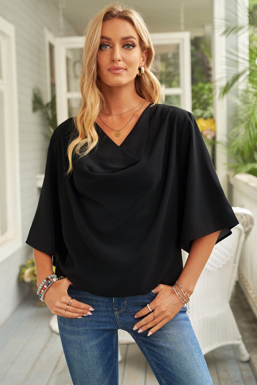 Buy black Cowl Neck Three-Quarter Sleeve Blouse