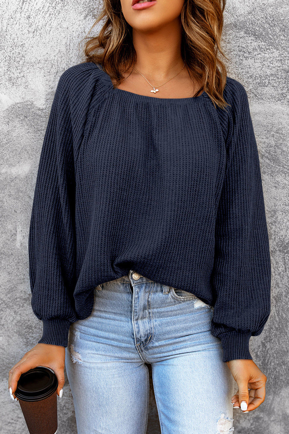 Buy french-blue Square Neck Waffle-Knit Top