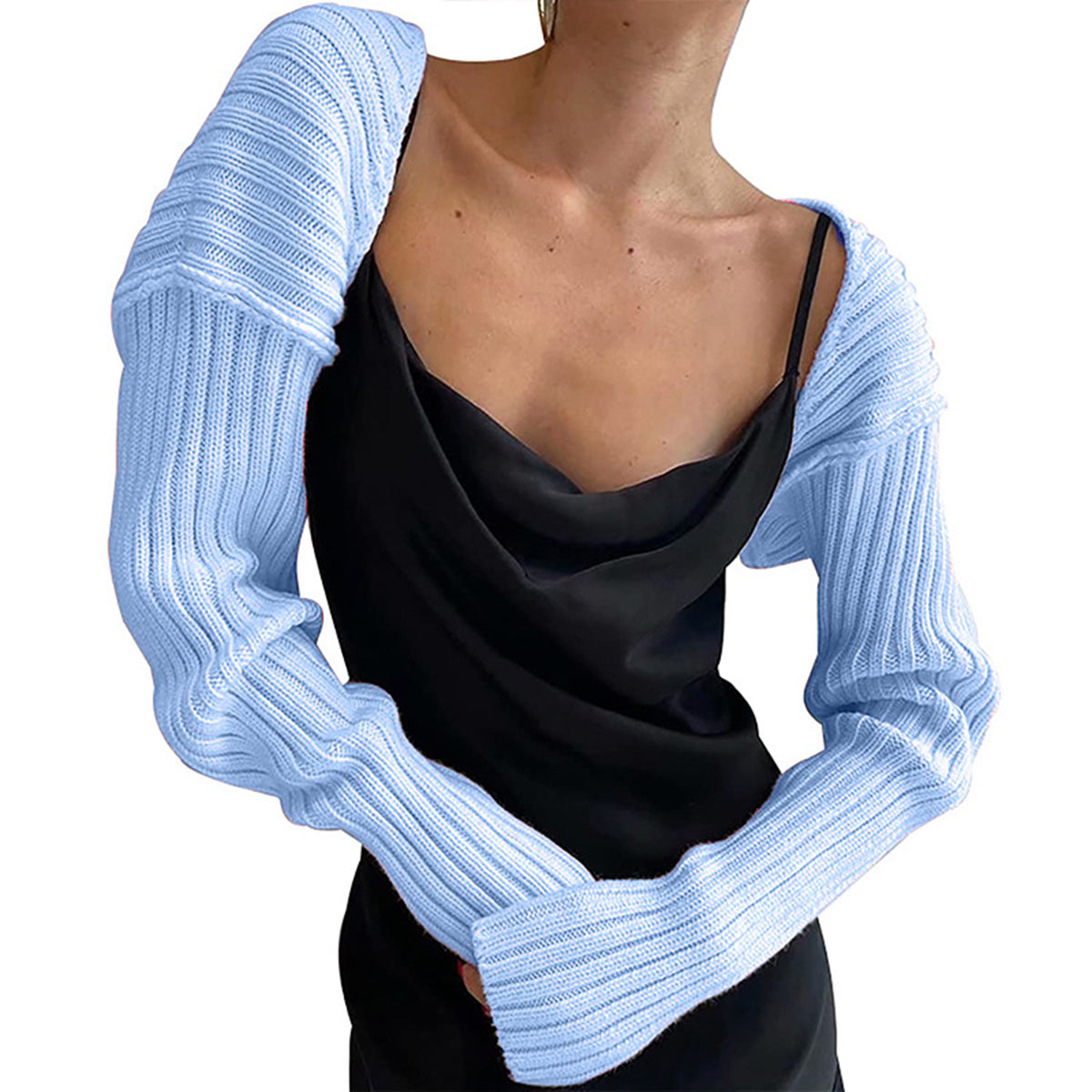 Buy misty-blue Long Sleeve Knit Bolero