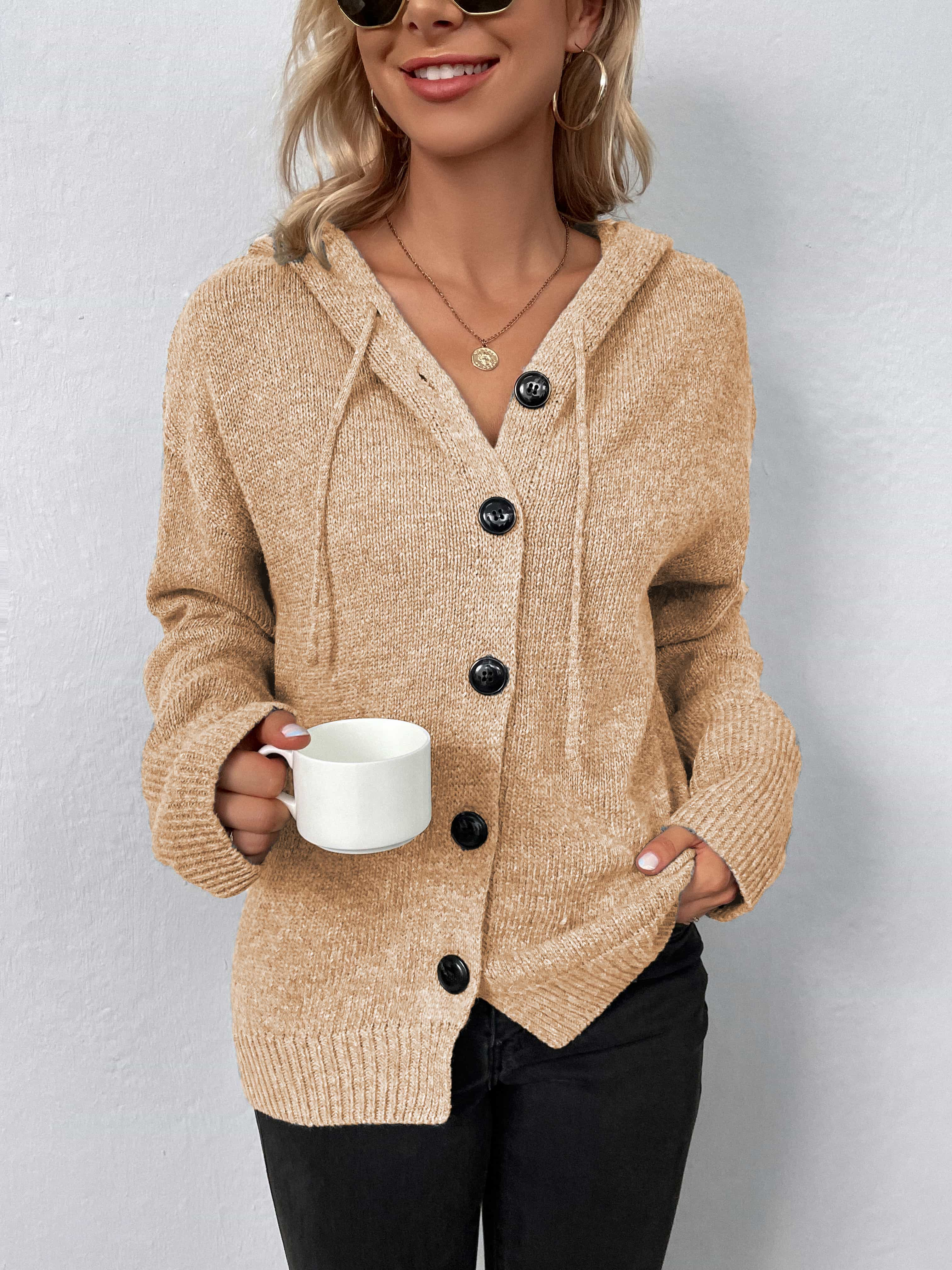 Buy tan Button-Down Long Sleeve Hooded Sweater