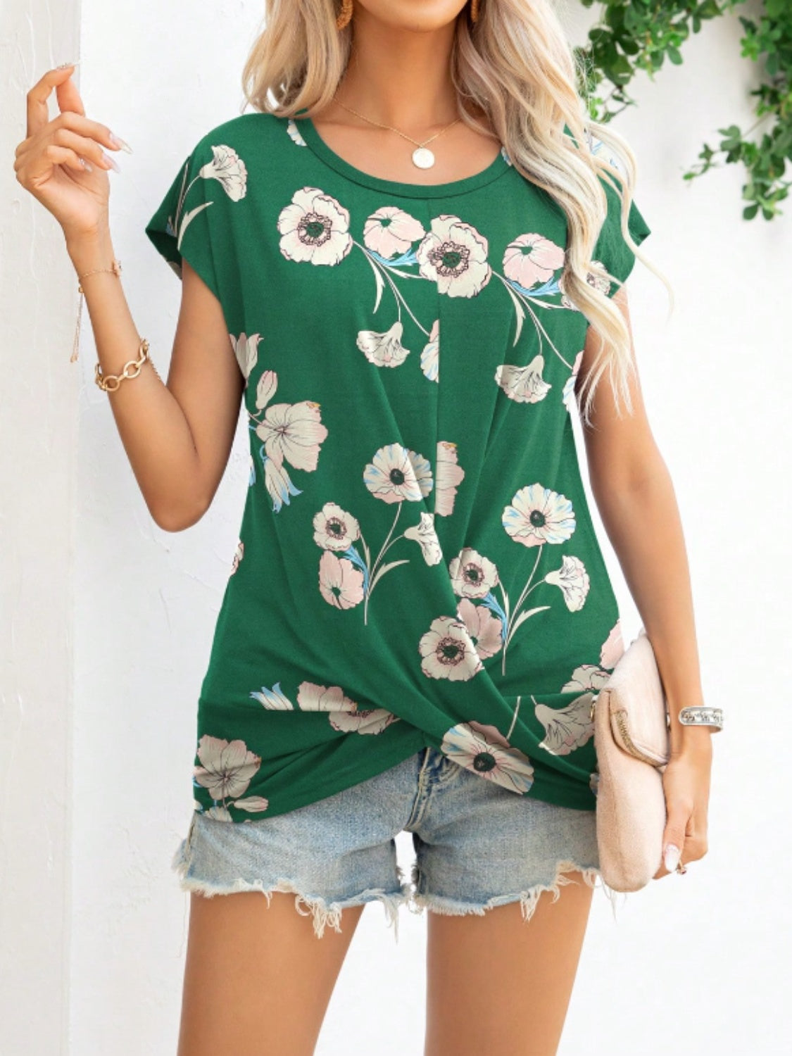 Buy dark-green Printed Round Neck Short Sleeve T-Shirt