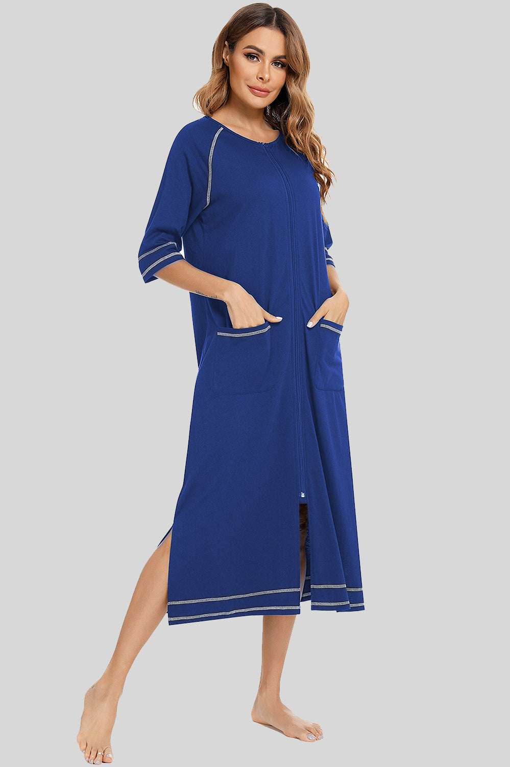 Buy peacock-blue Zip Up Slit Round Neck Night Dress with Pockets