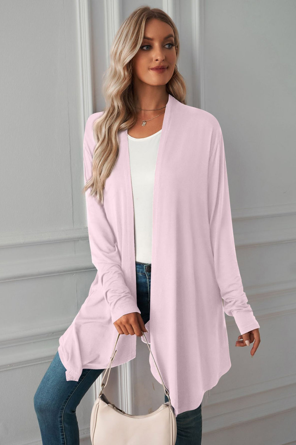 Buy blush-pink Open Front Long Sleeve Cardigan