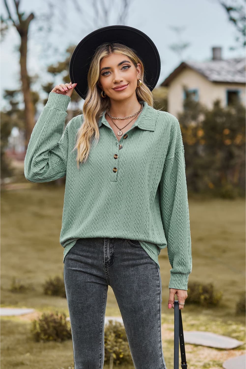 Buy sage Collared Neck Long Sleeve Blouse