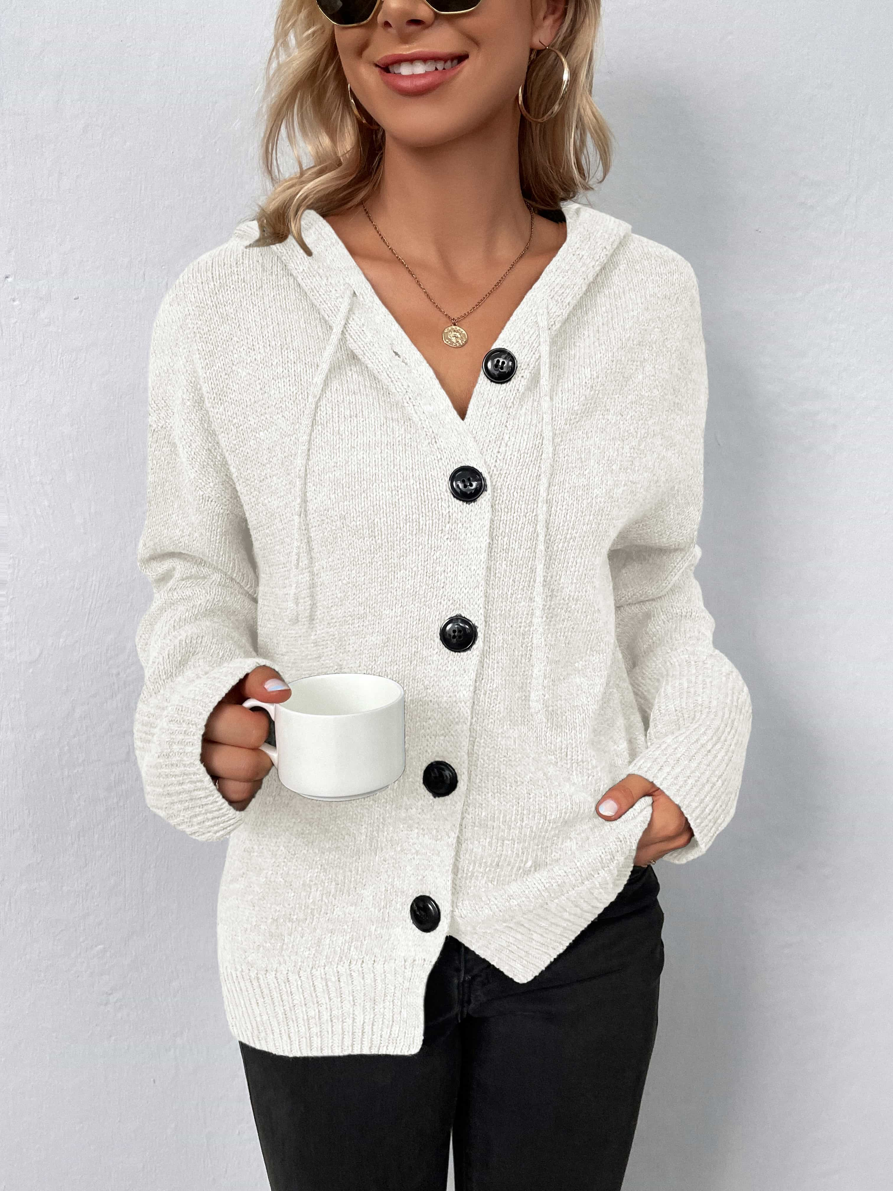 Buy white Button-Down Long Sleeve Hooded Sweater