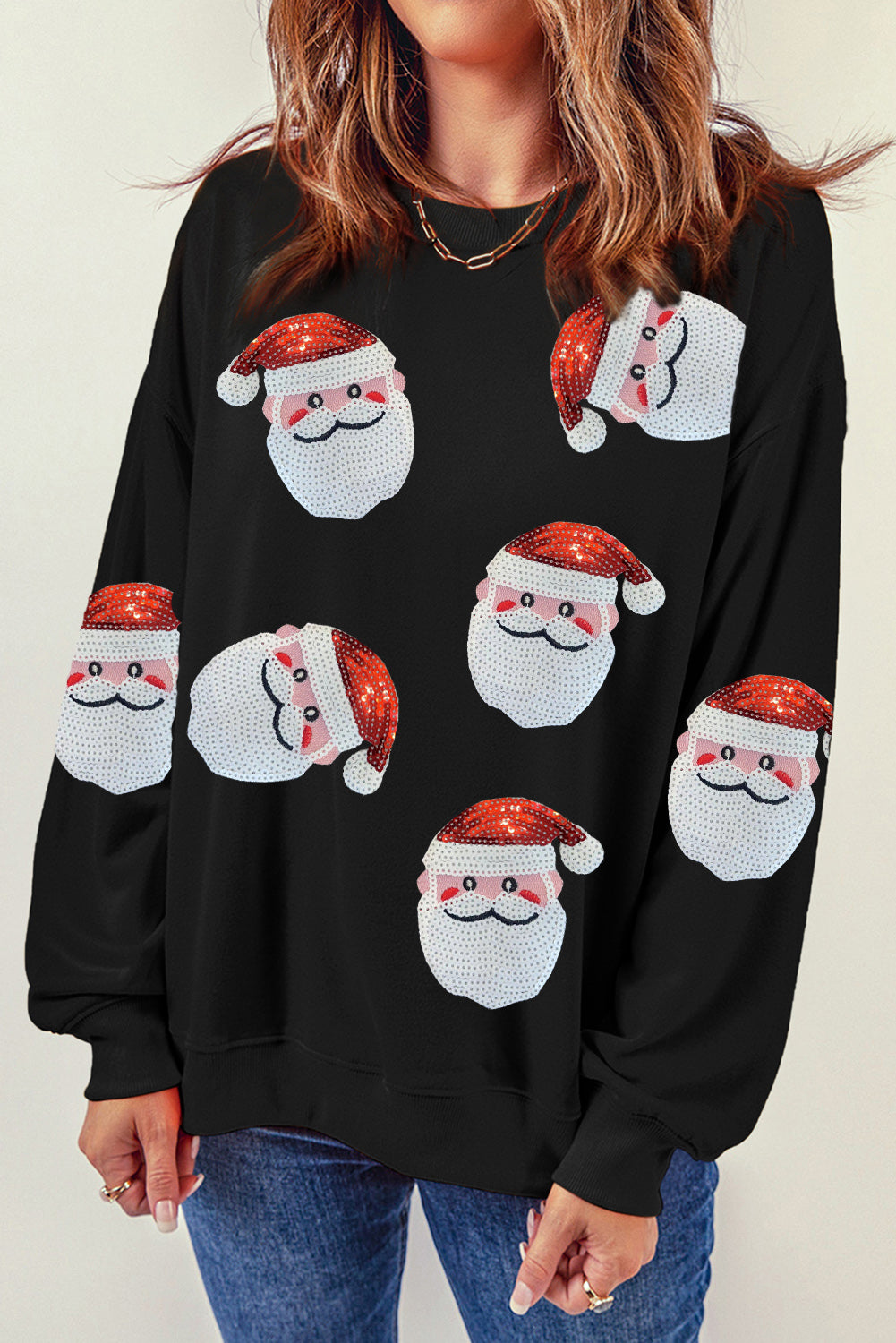 Buy black Sequin Santa Patch Round Neck Sweatshirt