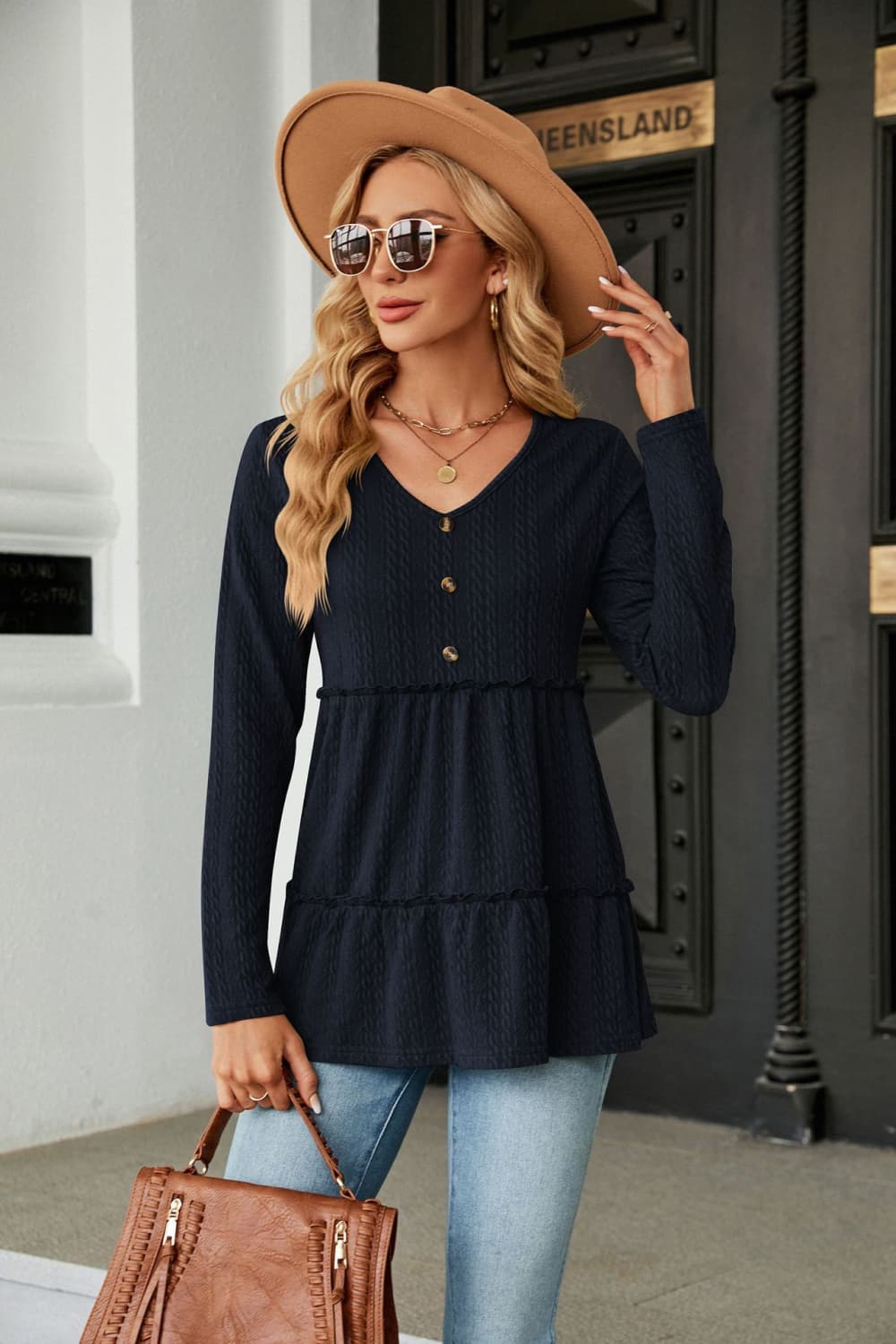 Buy dark-blue Long Sleeve V-Neck Cable-Knit Blouse