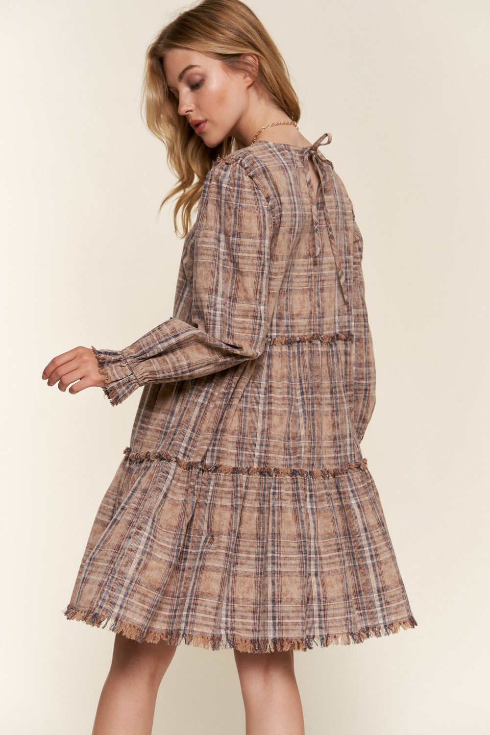 And The Why Full Size Washed Frayed Tiered Plaid Dress