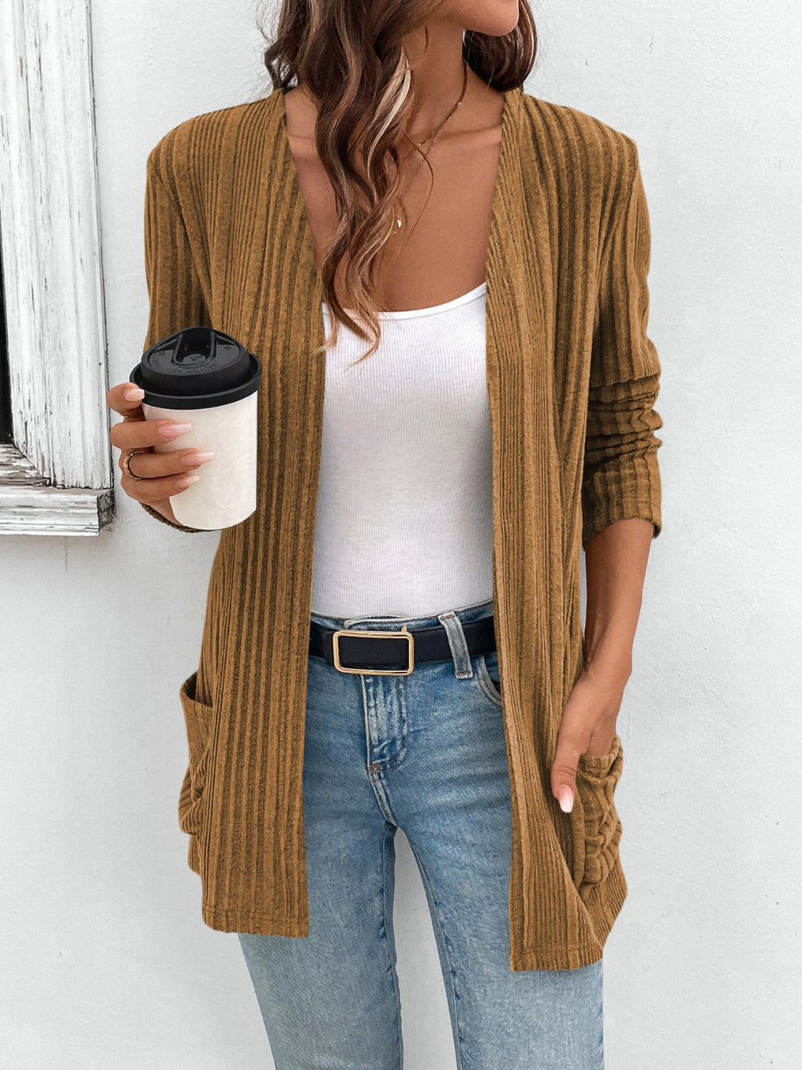 Buy caramel Pocketed Open Front Long Sleeve Cardigan