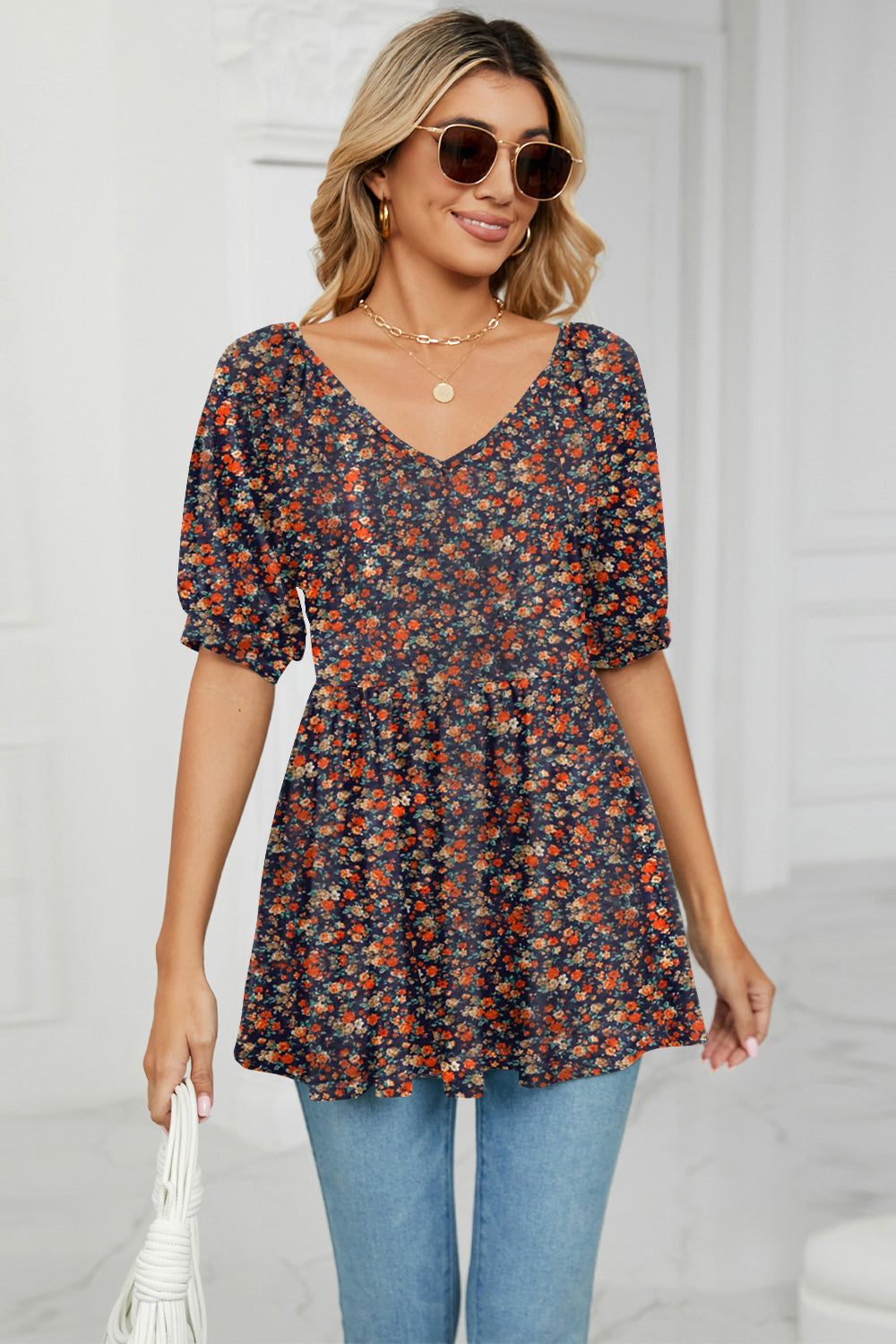 Buy multicolor V-Neck Babydoll Blouse