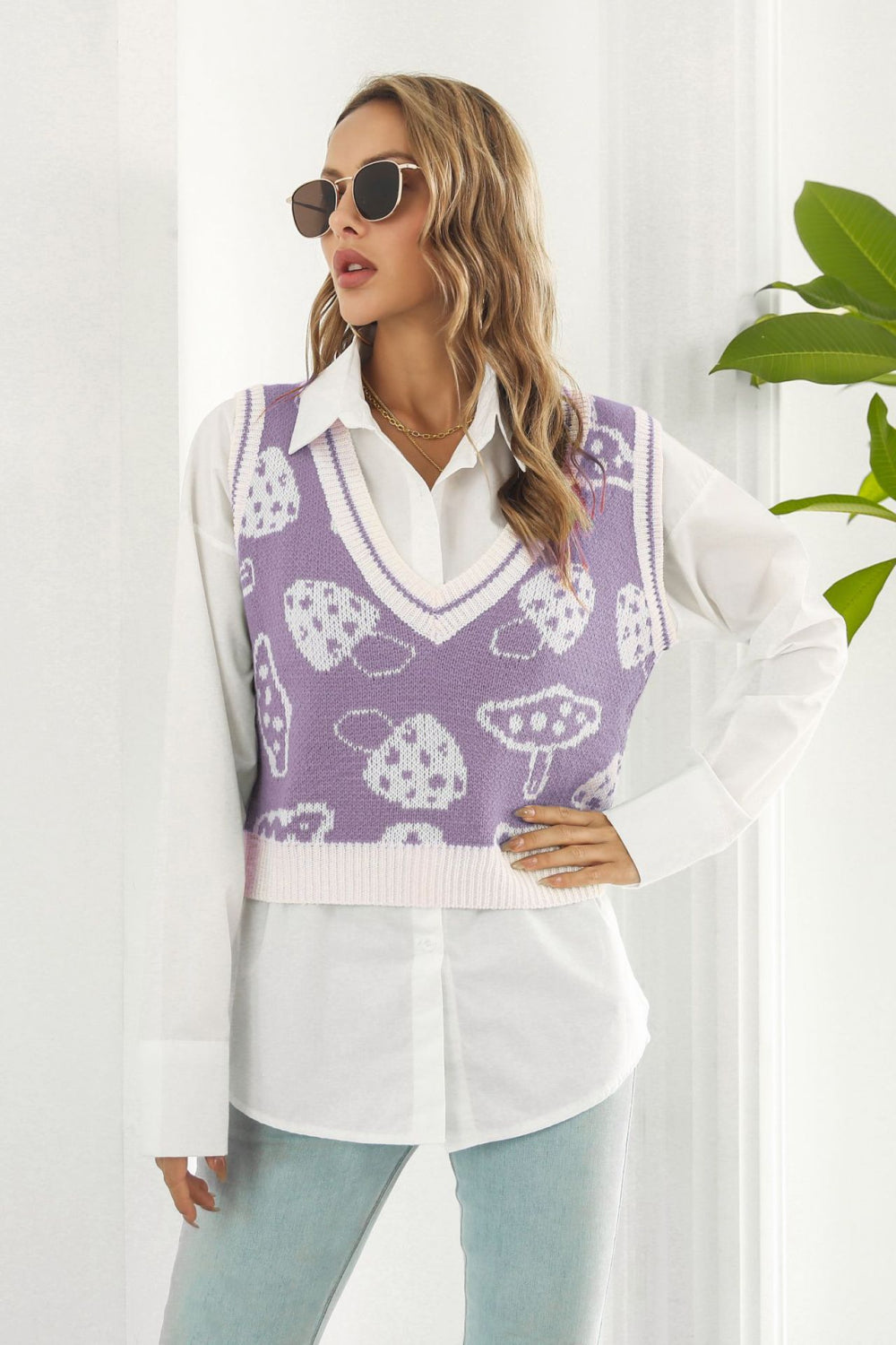 Buy lavender Printed Plunge Neck Sweater Vest