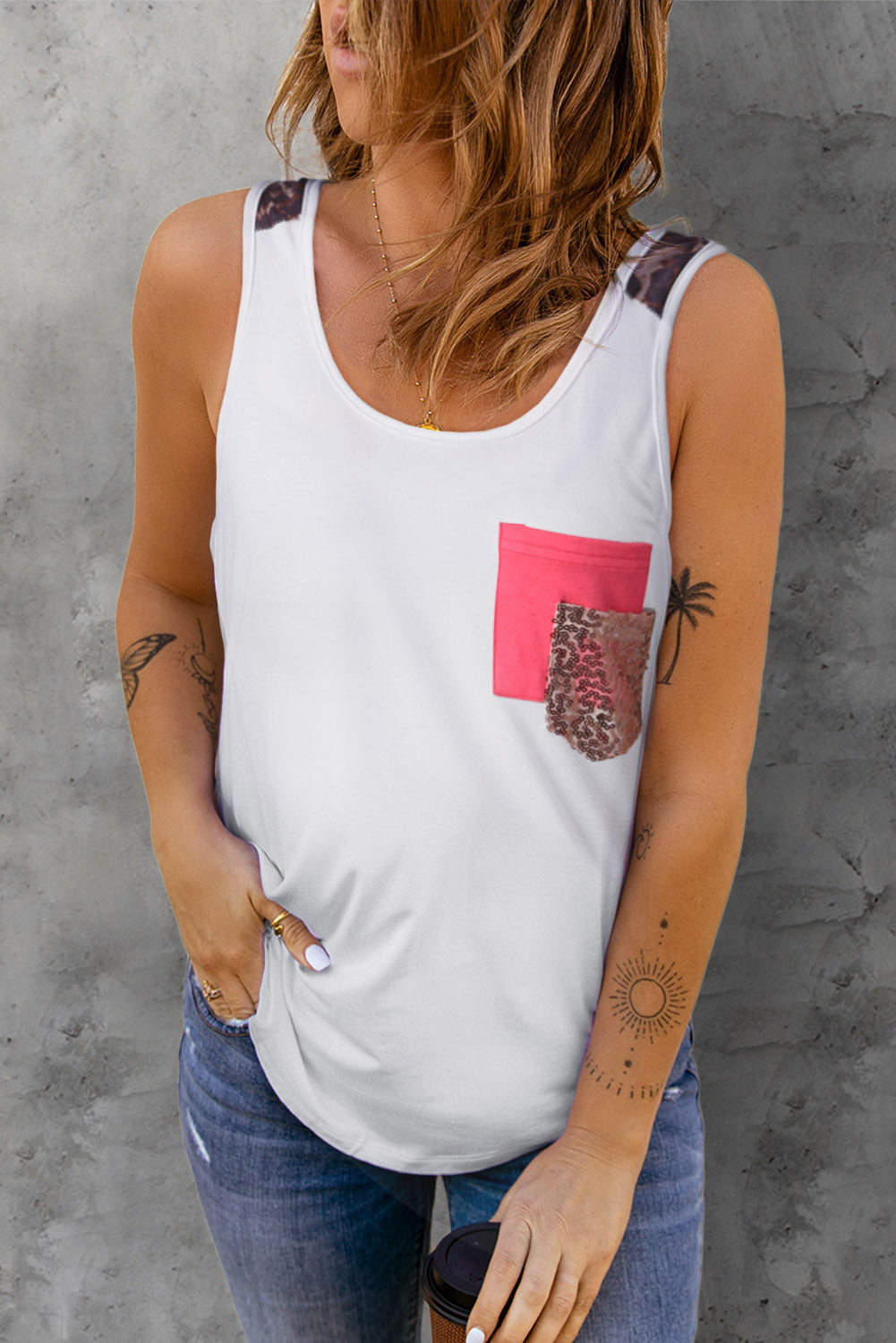 Buy white Printed Color Block Pocket Patch Tank