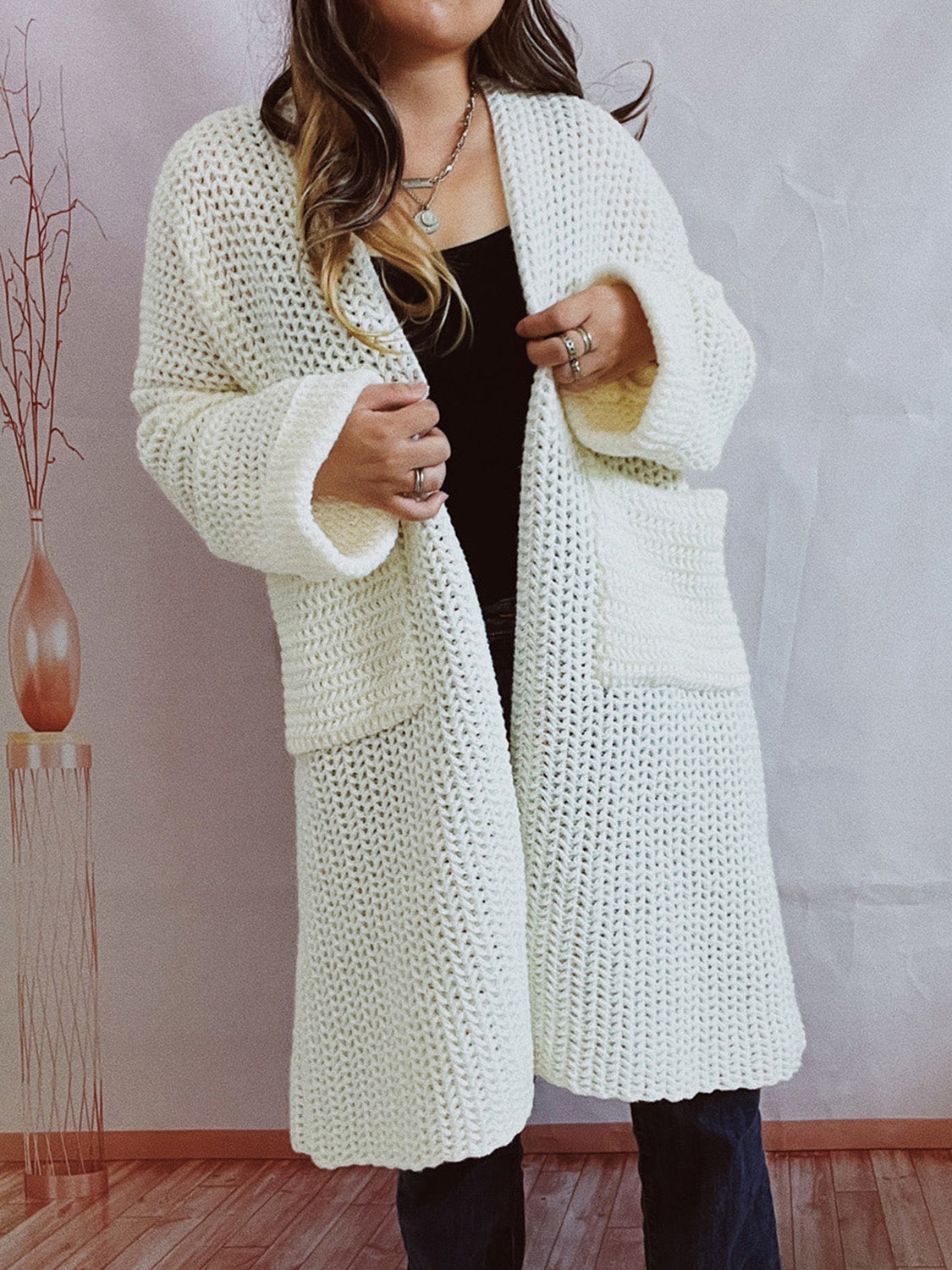 Buy white Open Front Long Sleeve Cardigan with Pockets